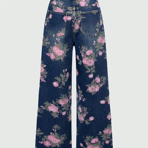 Blue Casual Women's Floral Print Washed Loose Baggy Flared Jeans - Picture 2 of 5